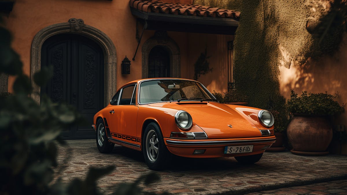 Porsche 911 parked in front of a midcentury house with an orange door