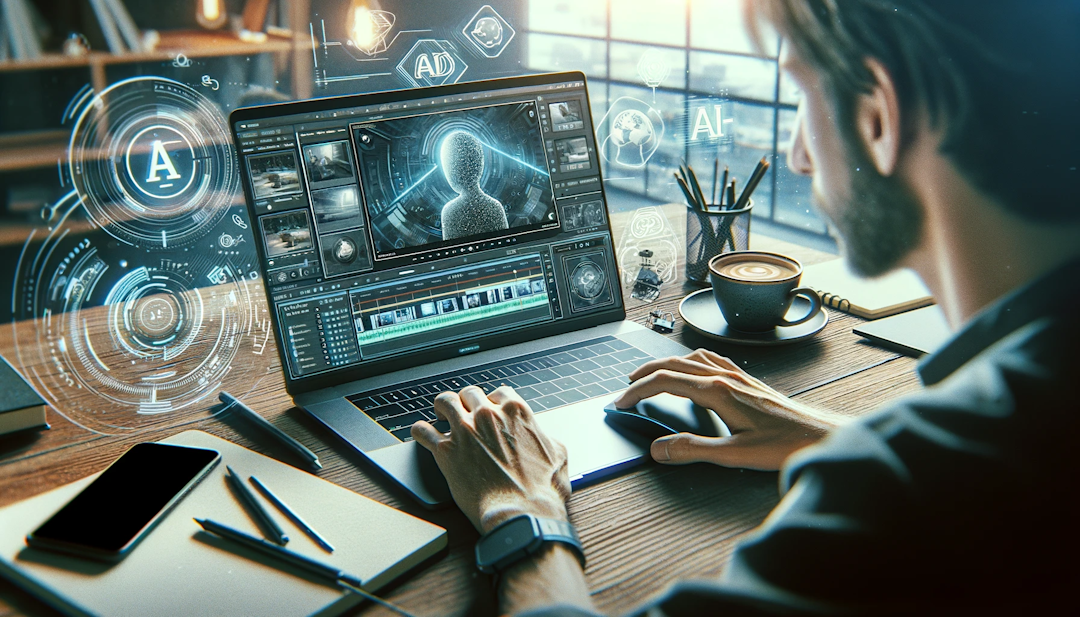 A detailed illustration of a person editing video content on a laptop in a modern workspace, with subtle AI elements. The laptop screen displays a vid