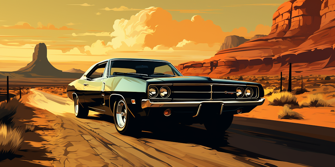 black muscle car on desert road Vintage cartoon sc 088722d0-7daa-4f9f-a491-241423c4b542