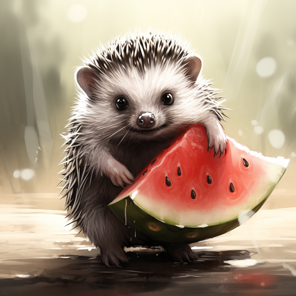 Midjourney 5.2 prompt: An ink sketch style illustration of a small hedgehog holding a piece of watermelon with its tiny paws, taking little bites with its eyes closed in delight --s 250