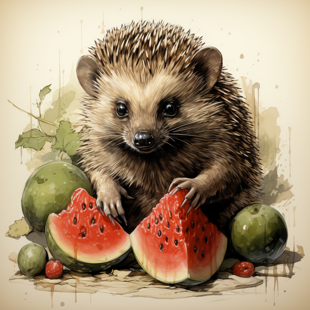 Midjourney 5.2 prompt: An ink sketch style illustration of a small hedgehog holding a piece of watermelon with its tiny paws, taking little bites with its eyes closed in delight --s 750