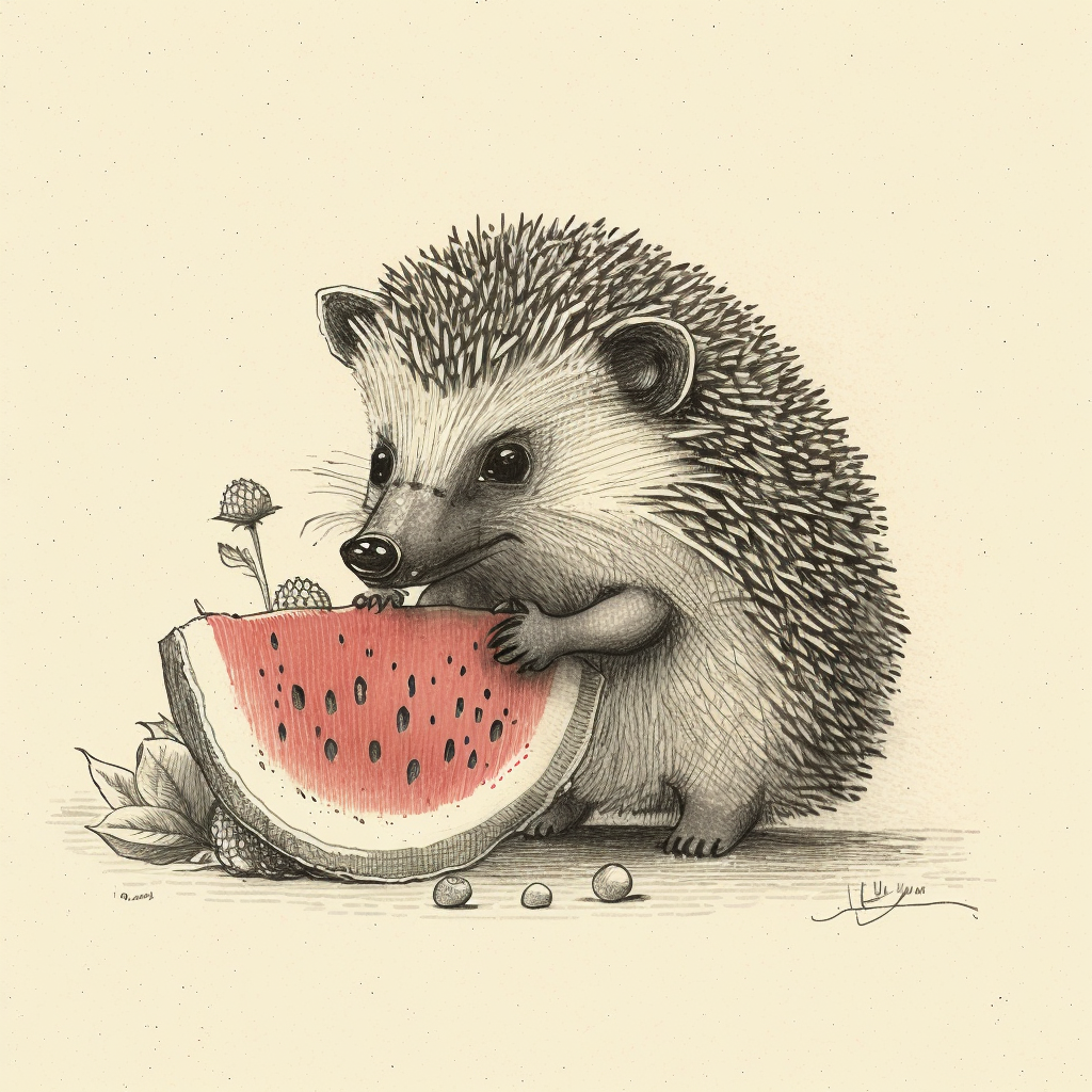 Midjourney 4 prompt: An ink sketch style illustration of a small hedgehog holding a piece of watermelon with its tiny paws, taking little bites with its eyes closed in delight --s 250 --v 4