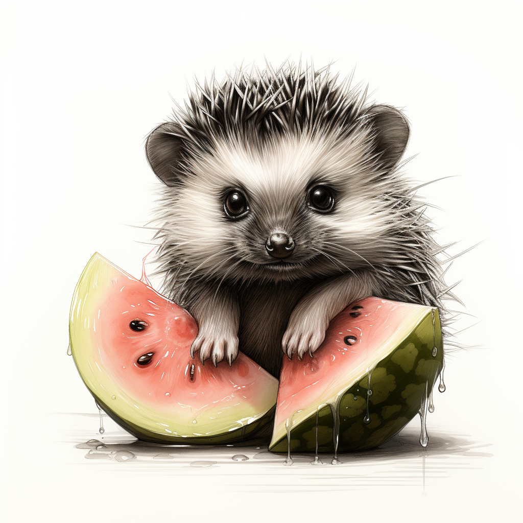 Midjourney 5.2 prompt: An ink sketch style illustration of a small hedgehog holding a piece of watermelon with its tiny paws, taking little bites with its eyes closed in delight --s 750 --style raw