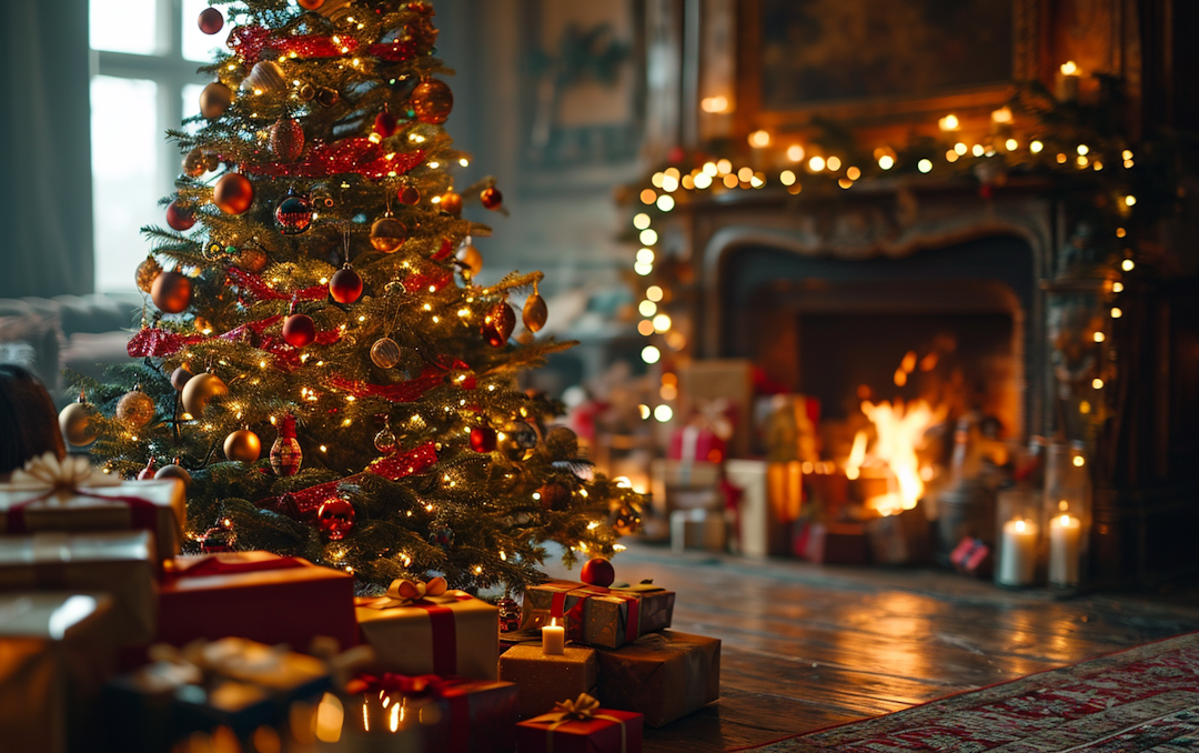 a christmas tree decorated with gifts in front of fireplace