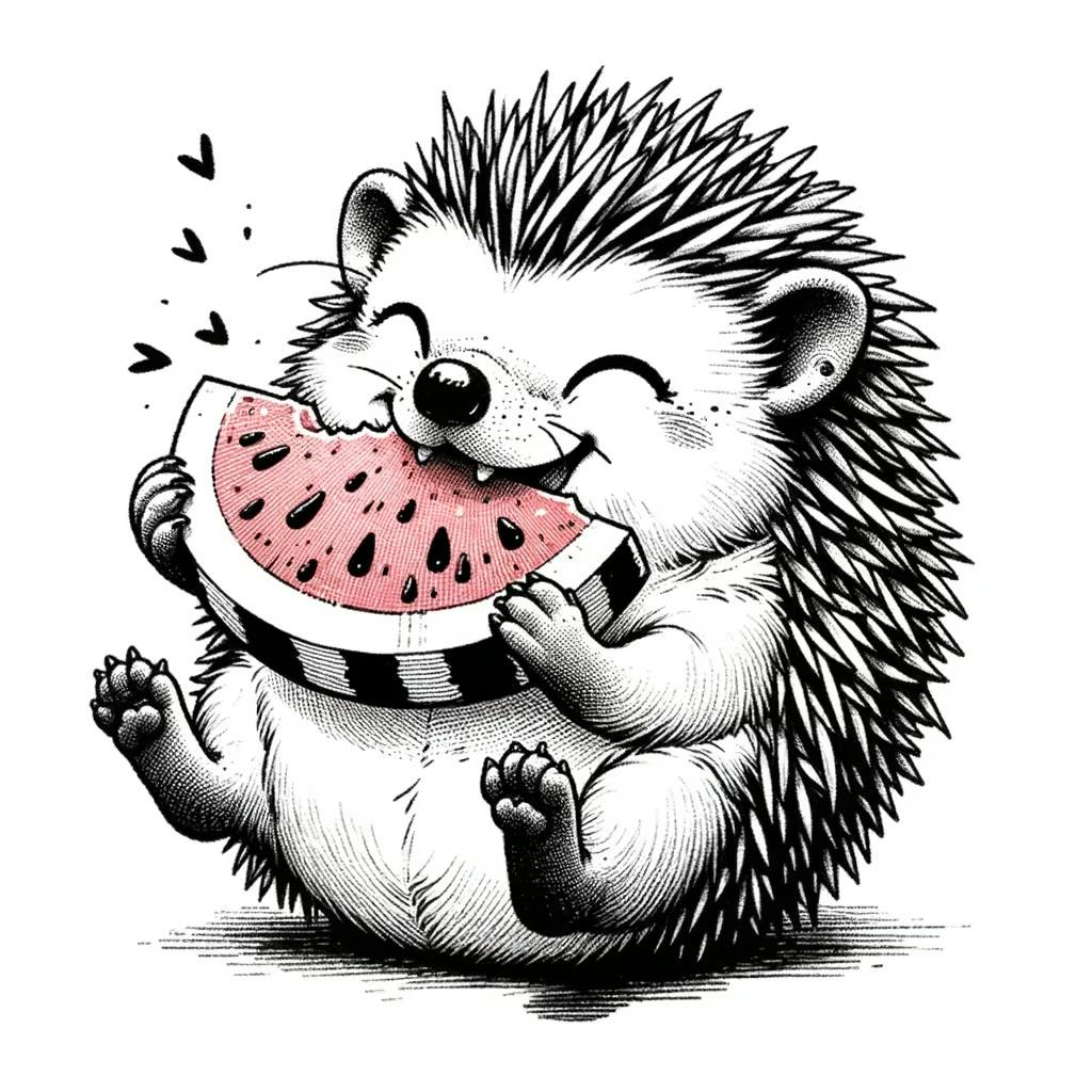 DALL-E 3 Prompt: An ink sketch style illustration of a small hedgehog holding a piece of watermelon with its tiny paws, taking little bites with its eyes closed in delight.